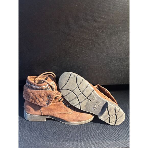 Arizona Jean Co Women’s Brown Suede Lace Ankle Boots Plaid Lined Fold  Size 7 - Picture 3 of 7